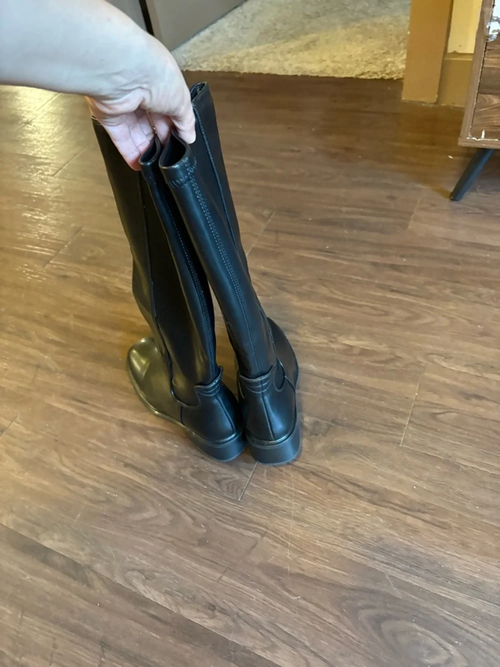 QIY Knee High Faux Leather Elastic Square Toe Side Zipper Fall Long Tall Boots